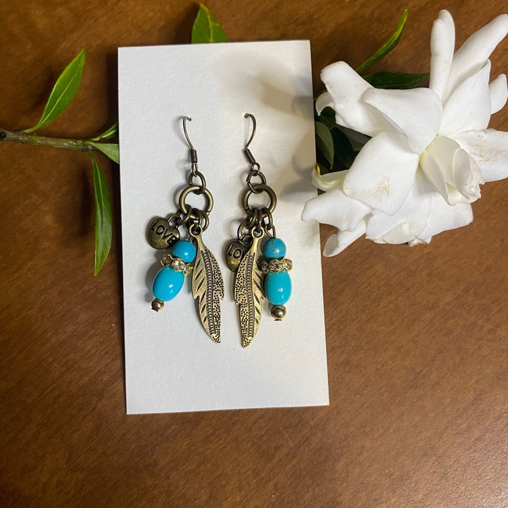 Turquoise Feather Charm Earrings with Antique Brass Finish